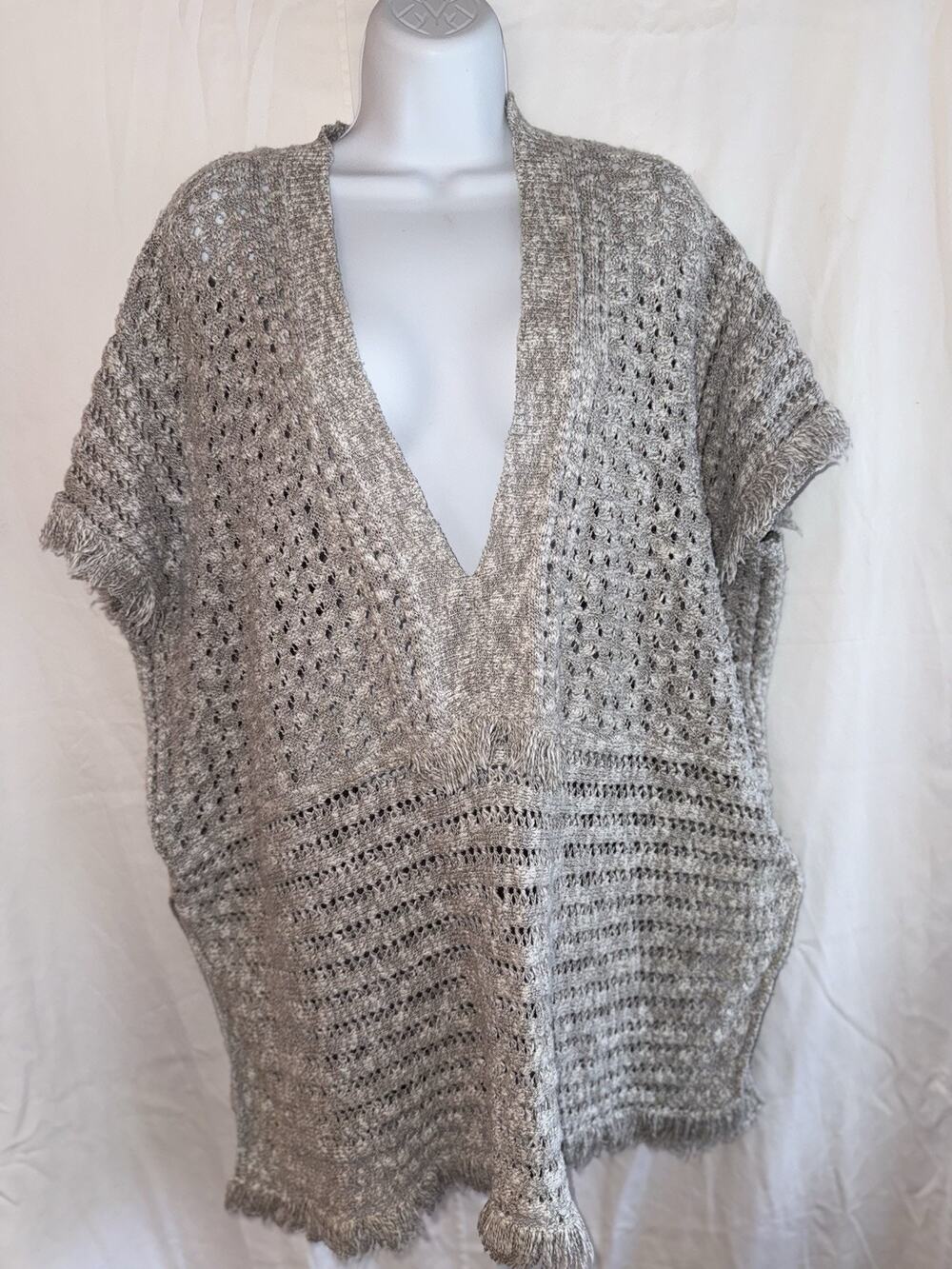 White & Warren Fringed Gray Cotton Poncho Bohemian Beachy Resort Coverup Sz S